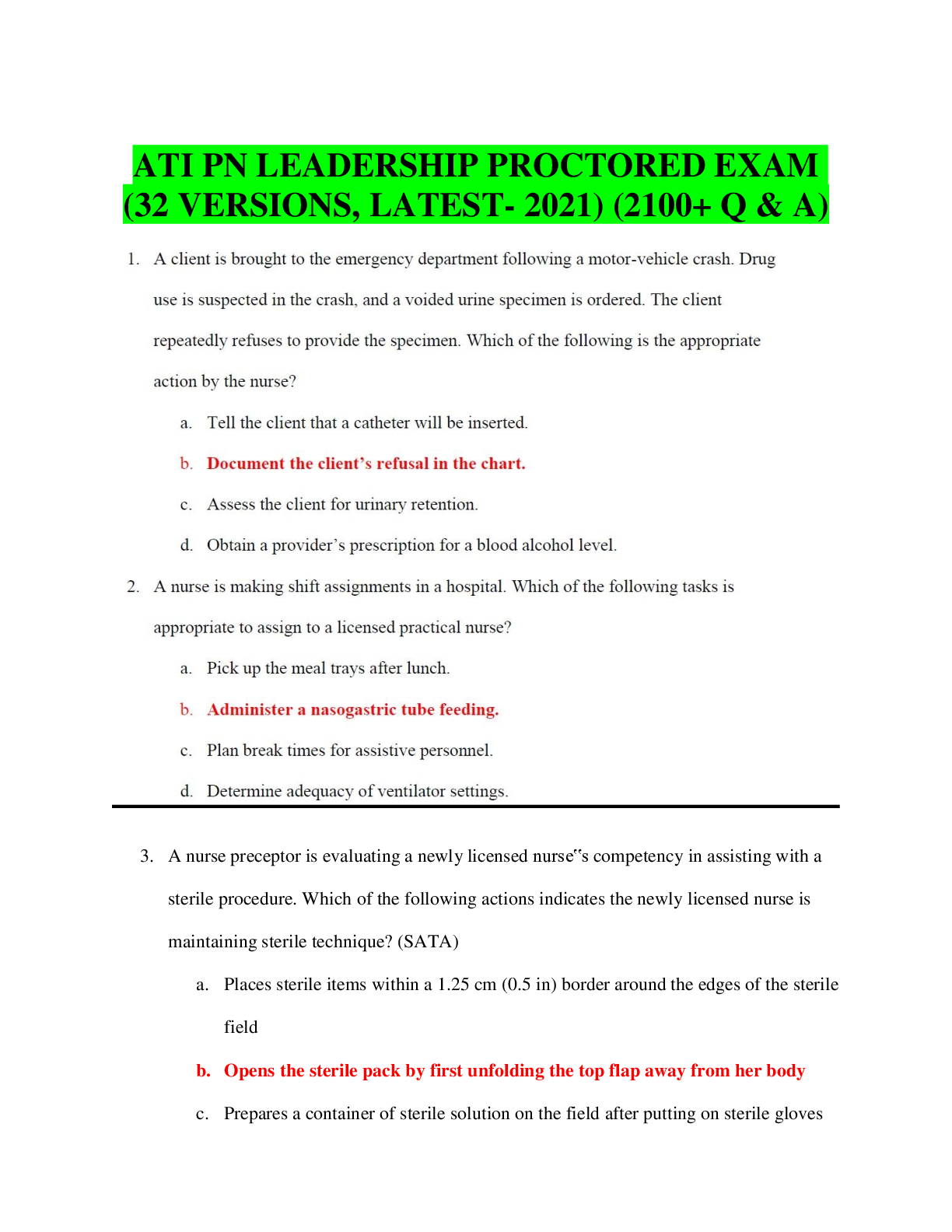 Preview of ATI PN LEADERSHIP PROCTORED EXAM (32 VERSIONS, LATEST-  ) (2100+ Answers and cheat sheets